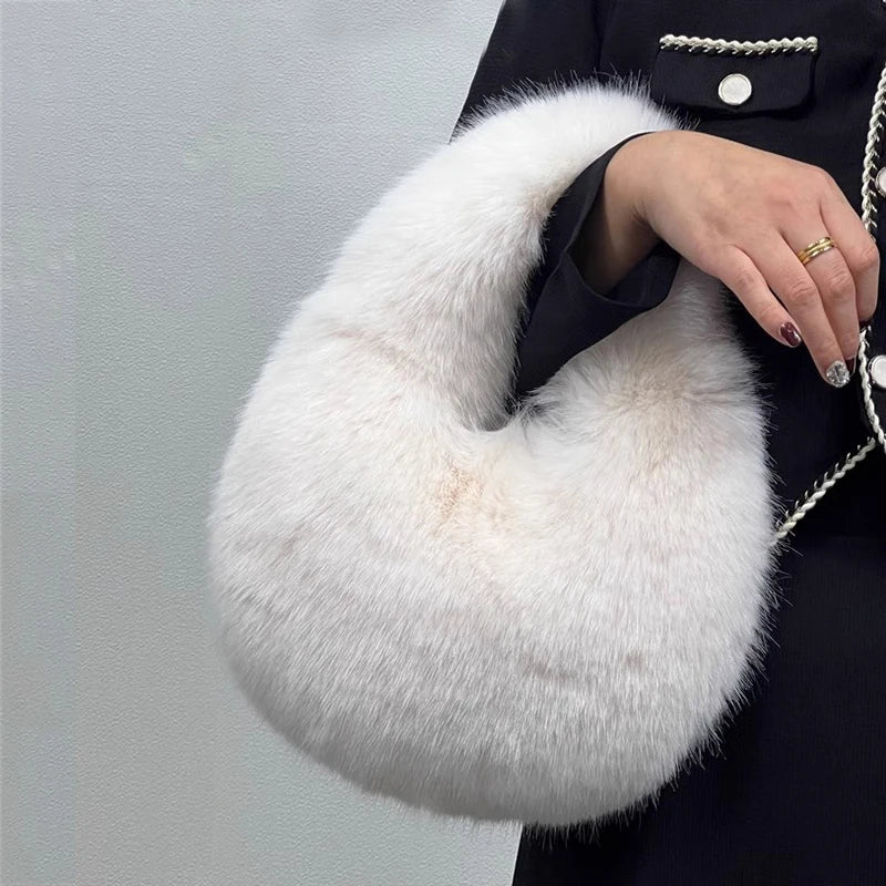 Fashion Soft Plush Half Moon Bags for Women Designer Fluffy Faux Fur Lady Handbags Luxury Small Tote Female Winter Purses - badassmood