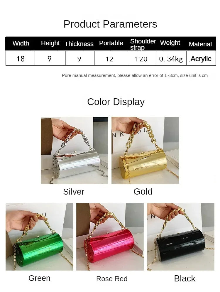Pochette Cylindre Mini Soirée 2026 - Sac Femme Doré Bandoulière Box Clutch Party - badassmood