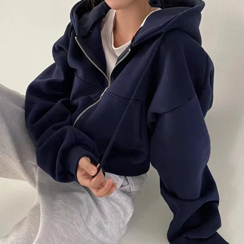 2026 Spring Autumn New Insfleece-lined Versatile Cropped Slims Smooths Silhouette Zip-up Warm Navy Blue Hooded Sweatshirt Women - badassmood