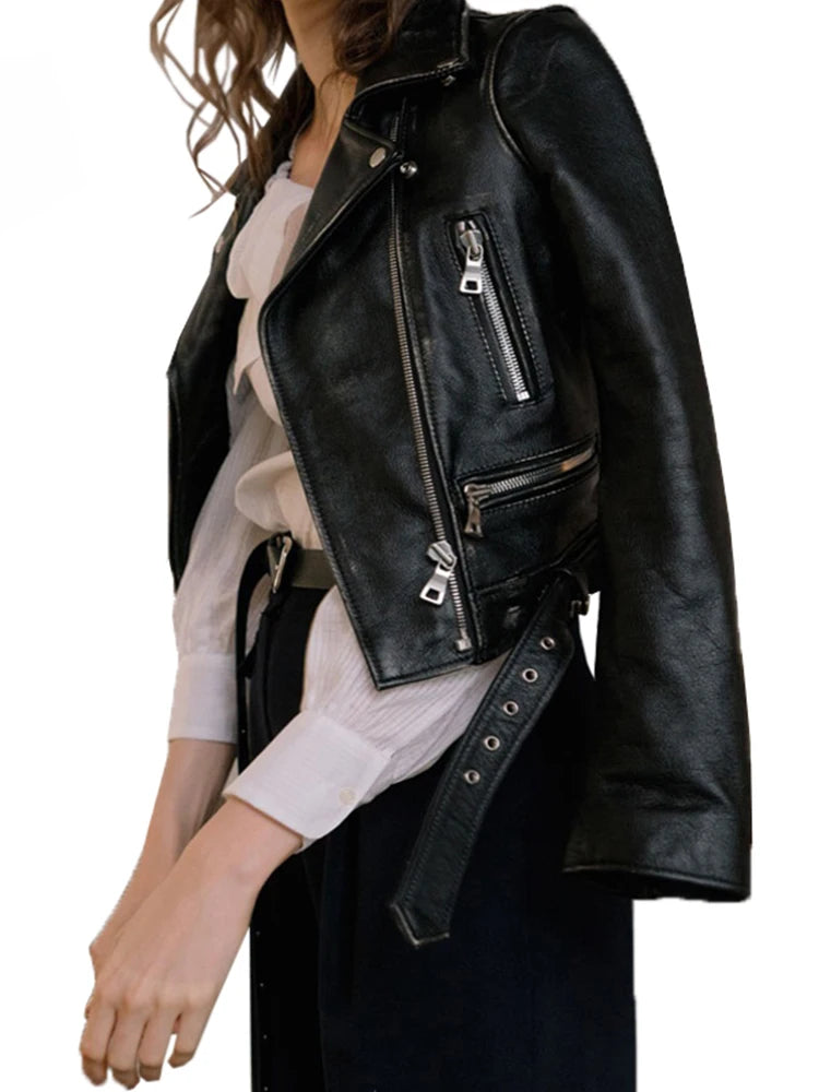 Blouson Cuir Synthétique Femme Noir Hiver - Veste Biker Ceinture