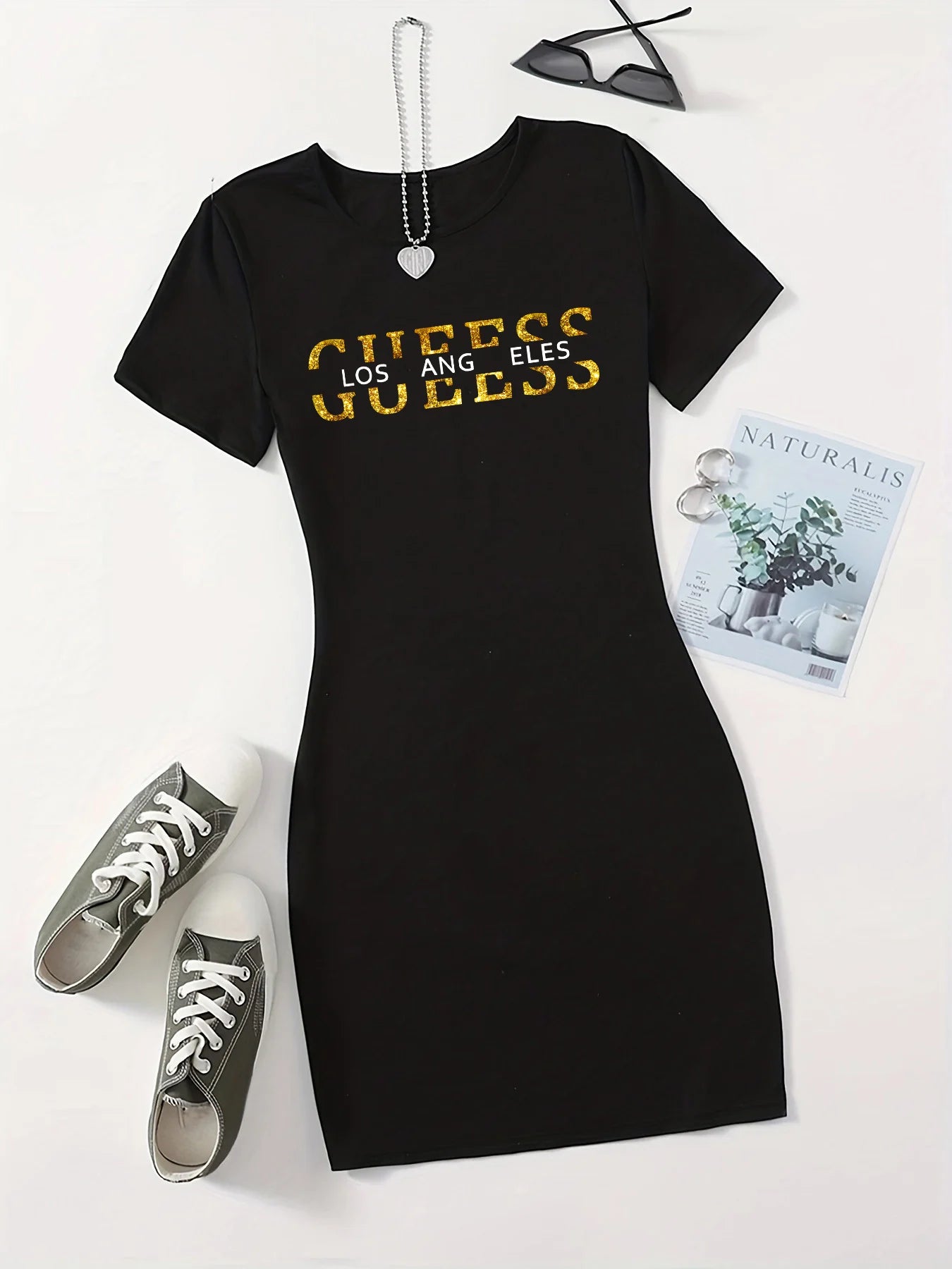 Summer Ladies GUEESS Los Angeles Printed Casual Sexy Slim Fit Hip hugging Short Sleeve Round Neck T-shirt Short Mini Skirt - badassmood