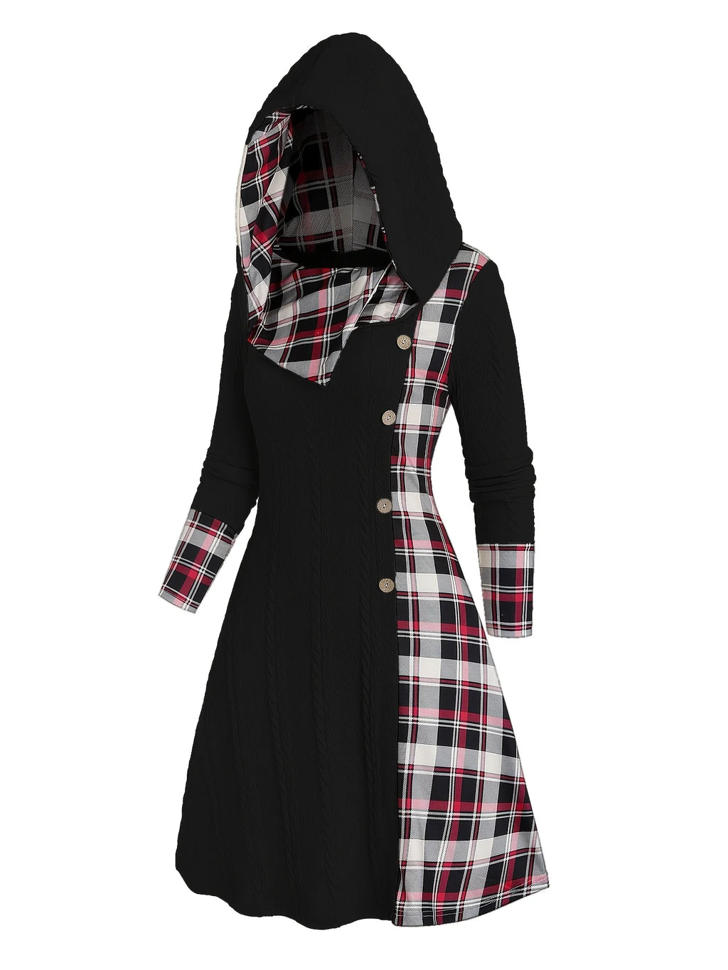 Robe Tricot Femme Capuche Carreaux - Taille Haute Manches Longues Ligne A Automne - badassmood