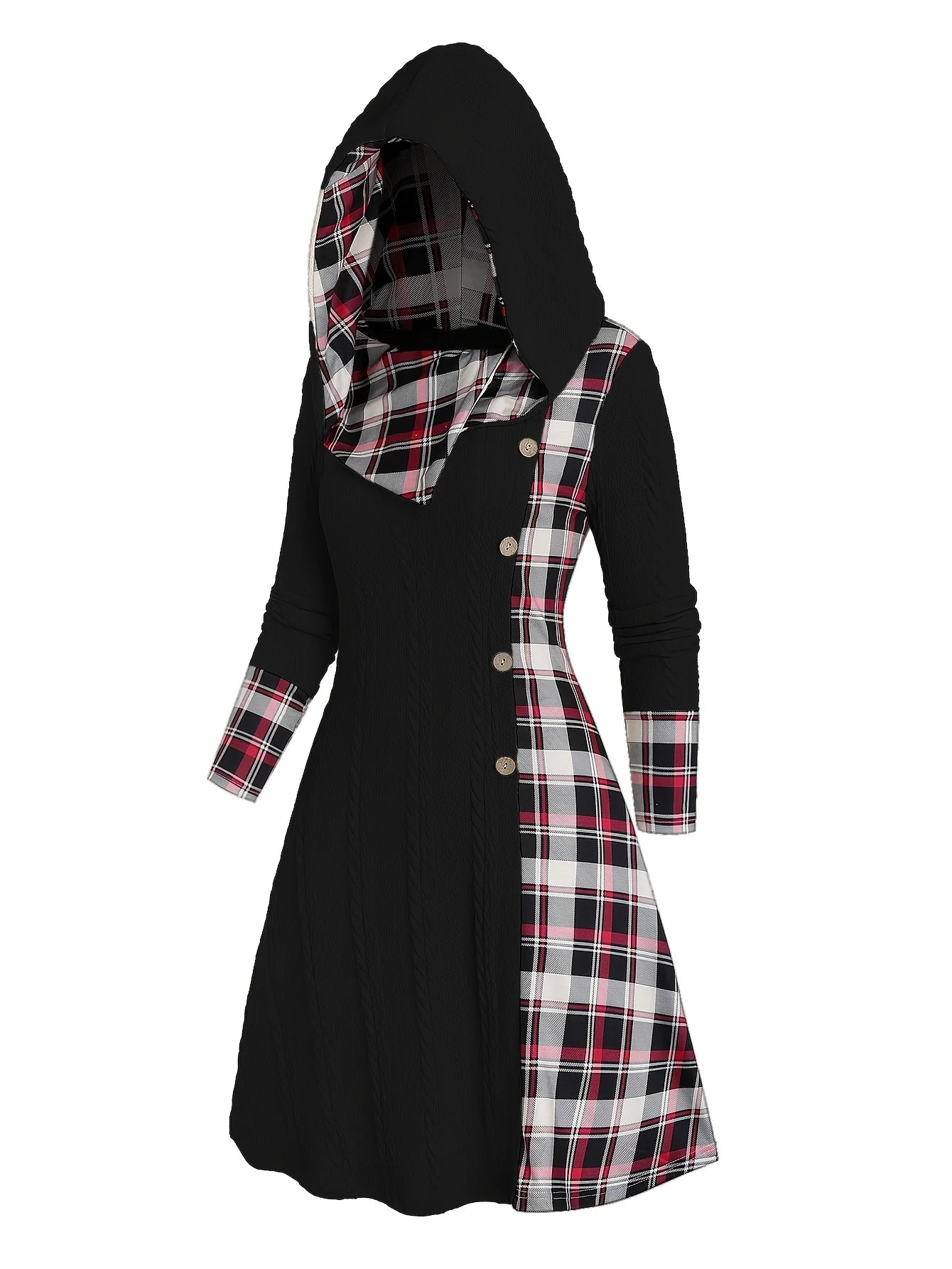 Robe Tricot Femme Capuche Carreaux - Taille Haute Manches Longues Ligne A Automne - badassmood