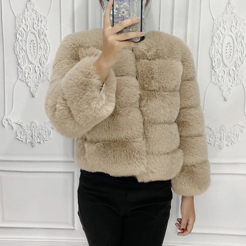 Veste Fourrure Renard Synthétique Beige Femme - Blouson Court Manches 3/4 - badassmood