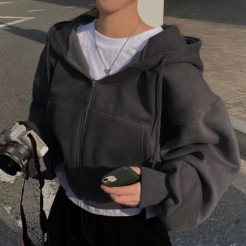 2026 Spring Autumn New Insfleece-lined Versatile Cropped Slims Smooths Silhouette Zip-up Warm Navy Blue Hooded Sweatshirt Women - badassmood