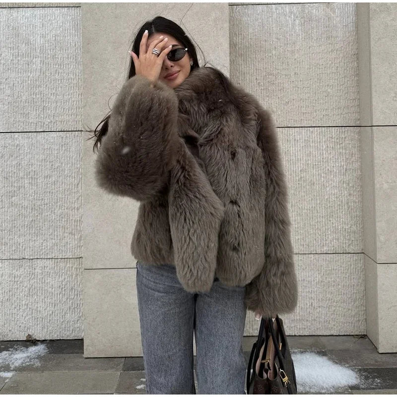 Manteau Fourrure Synthétique Marron Femme - Veste Longue Boutons Pression Hiver - badassmood