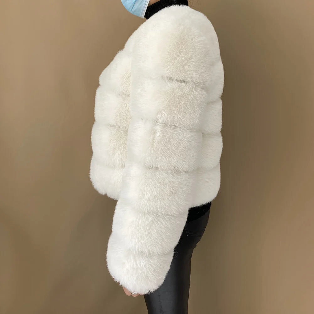 Veste Fourrure Renard Synthétique Beige Femme - Blouson Court Manches 3/4 - badassmood