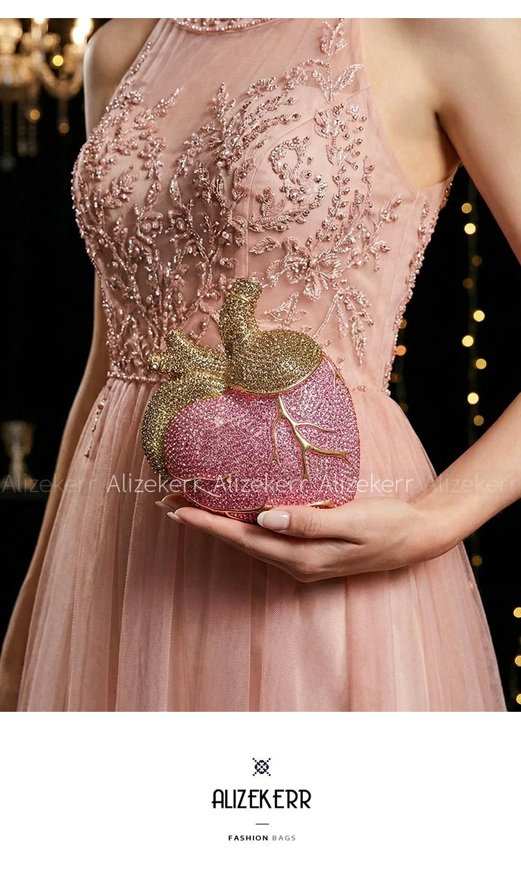 Pochette de soirée en forme de cœur avec strass et diamants, sac luxe pour mariage et fête, pour femme.