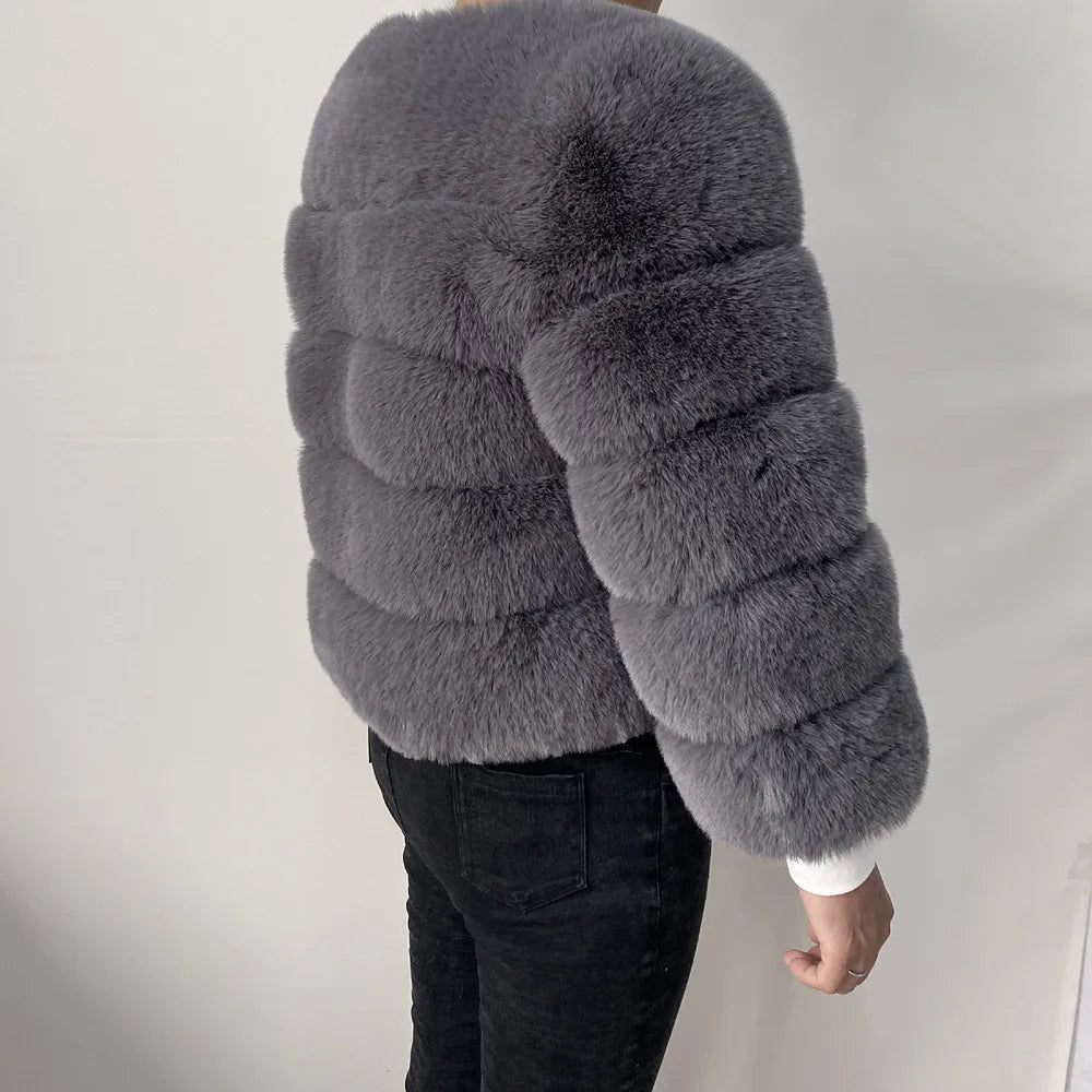 Veste Fourrure Renard Synthétique Beige Femme - Blouson Court Manches 3/4 - badassmood