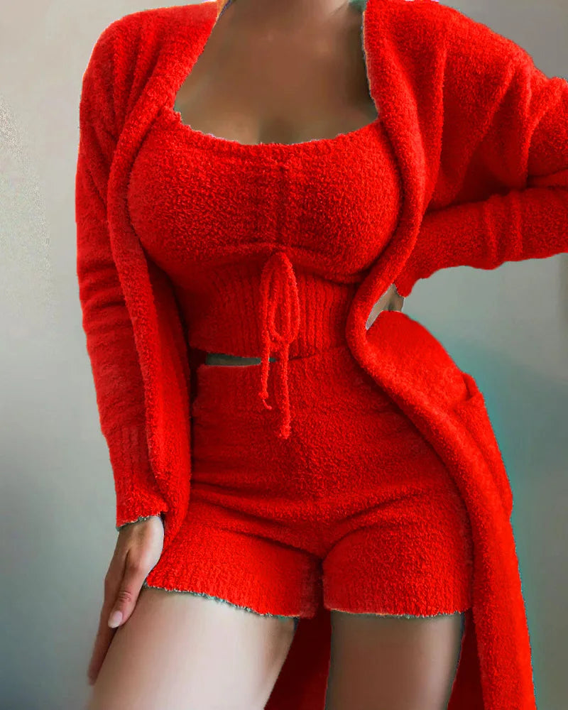 Pyjama Luxe Femme 3 Pièces Peluche 2025 - Crop Top + Pantalon + Manteau Homewear Chaud - badassmood