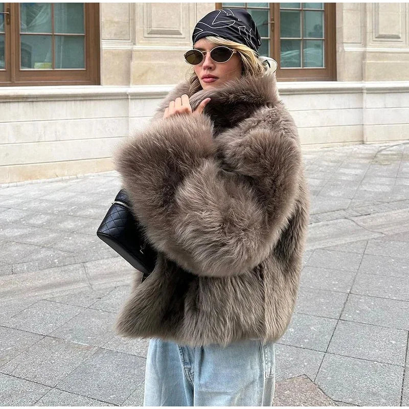 Manteau Fourrure Synthétique Marron Femme - Veste Longue Boutons Pression Hiver - badassmood