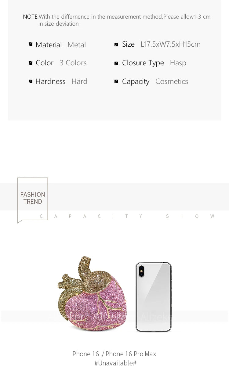Pochette de soirée en forme de cœur avec strass et diamants, sac de mariage et fête pour femme, design élégant et luxueux.