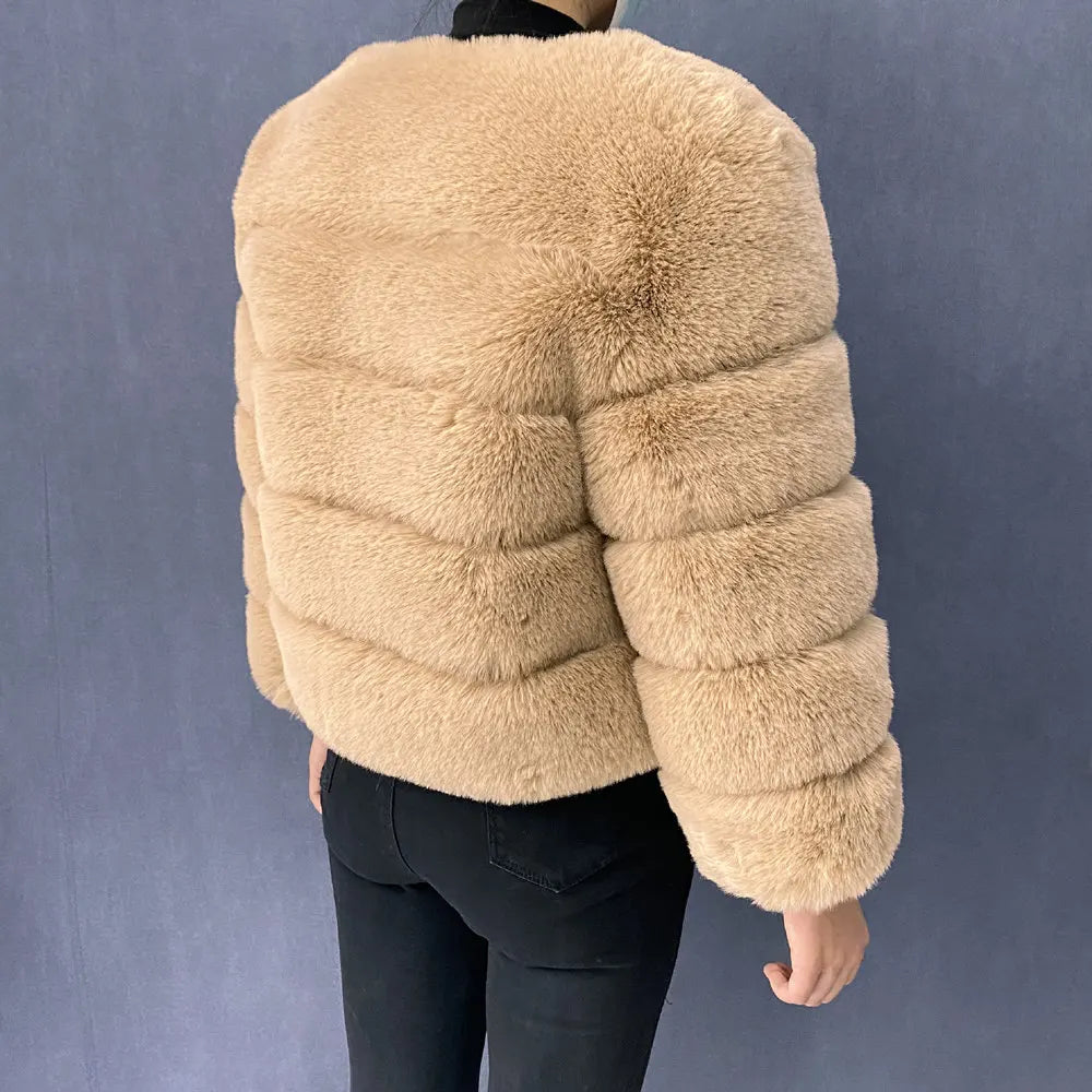 Veste Fourrure Renard Synthétique Beige Femme - Blouson Court Manches 3/4 - badassmood