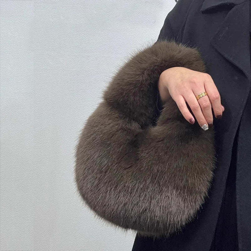 Fashion Soft Plush Half Moon Bags for Women Designer Fluffy Faux Fur Lady Handbags Luxury Small Tote Female Winter Purses - badassmood