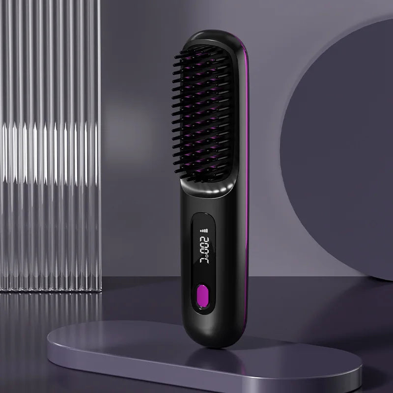 Brosse lissante sans fil LCD rechargeable USB, mini lisseur portable pour cheveux, design compact pour le voyage.