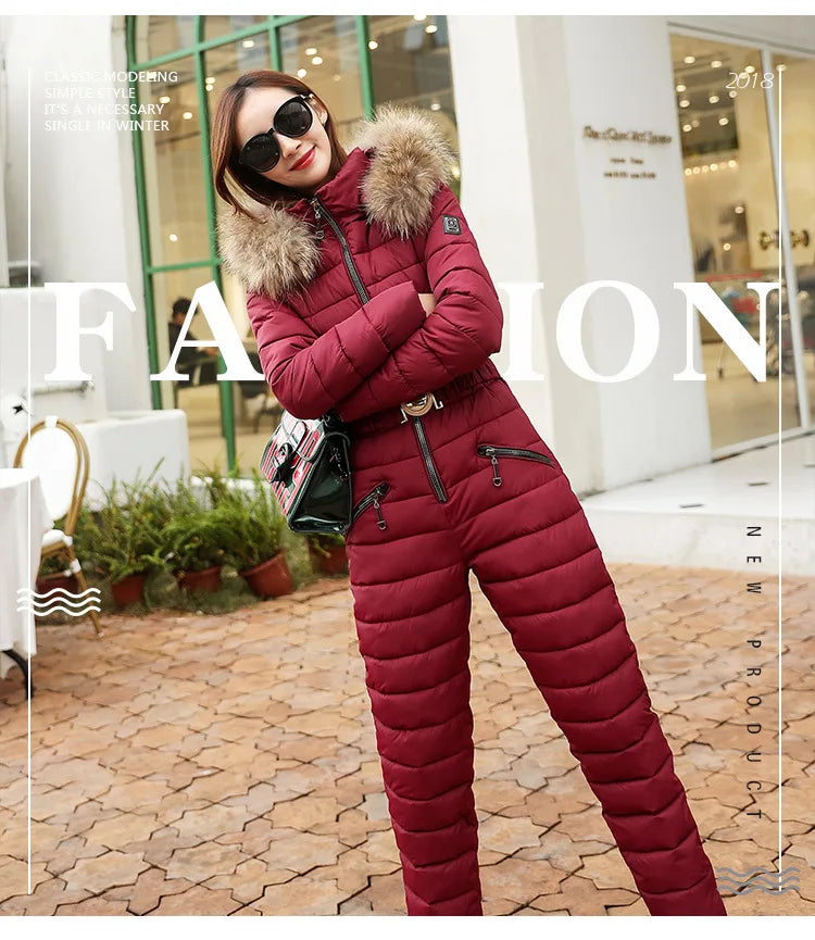 Combinaison Ski Femme Une Pièce 2025 - Parka Capuche Matelassée Coton Jumpsuit Hiver - badassmood