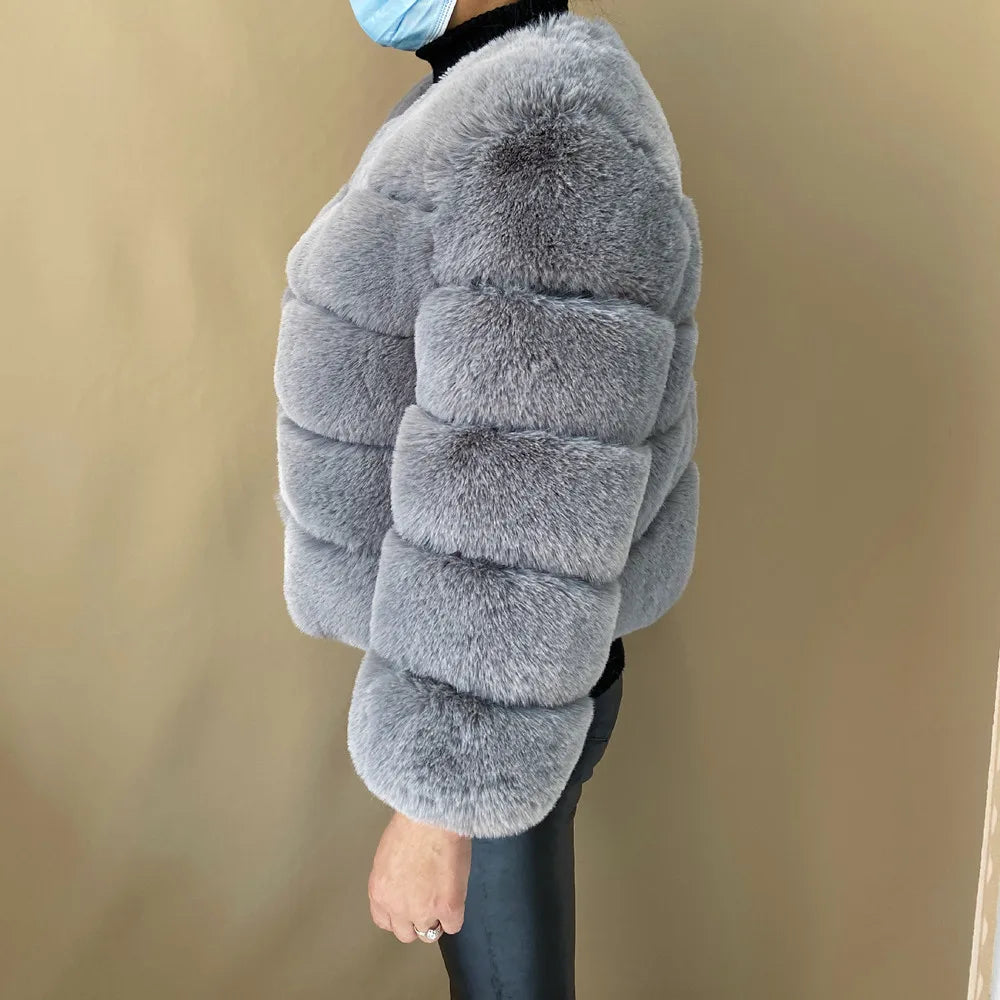 Veste Fourrure Renard Synthétique Beige Femme - Blouson Court Manches 3/4 - badassmood