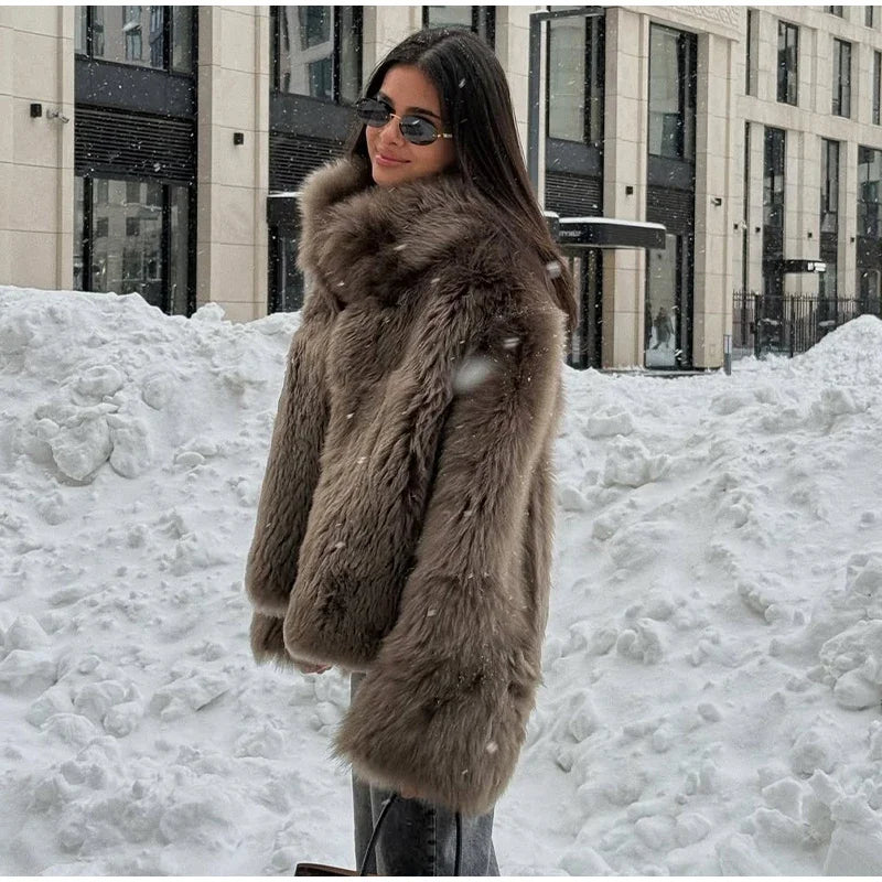 Manteau Fourrure Synthétique Marron Femme - Veste Longue Boutons Pression Hiver - badassmood