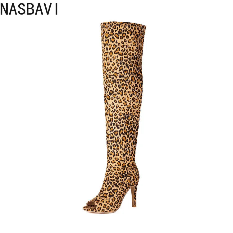 Bottes Cuissardes Léopard Femme Talons Hauts - Cuissardes Zip Élastiques