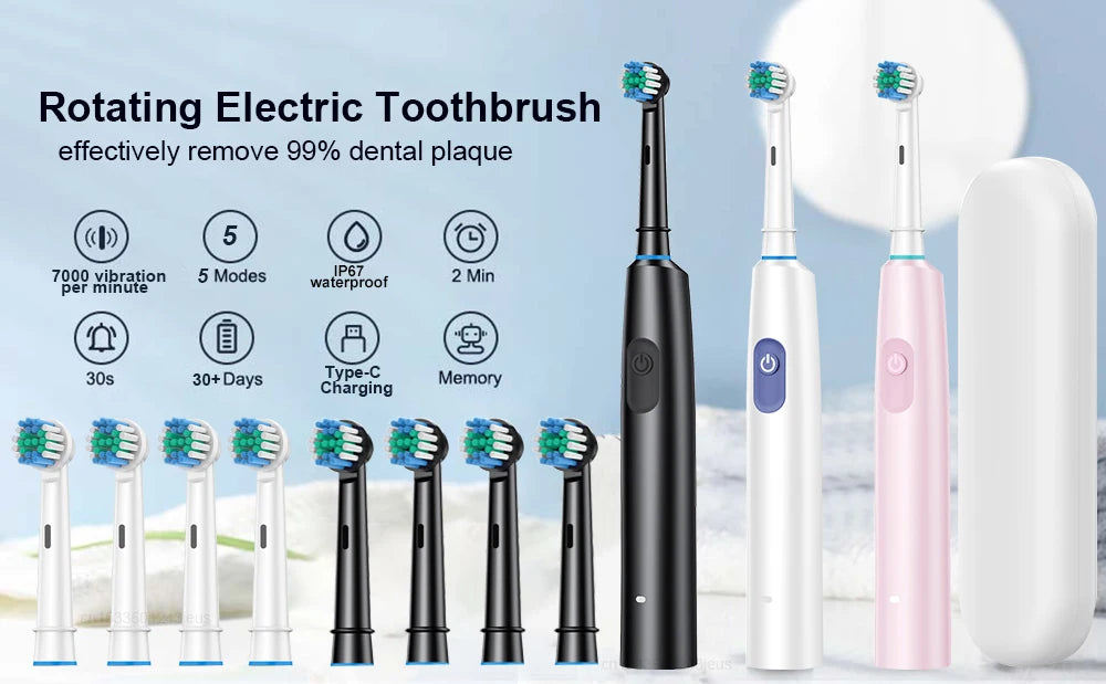 Electric Toothbrush Rotary Rechargeable Electric Toothbrush for Adults Rotating Electric Toothbrushes with 8 Soft Brush Heads - badassmood