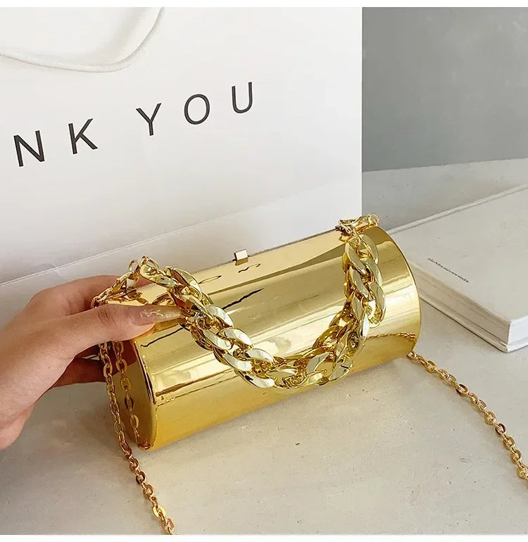 Pochette Cylindre Mini Soirée 2026 - Sac Femme Doré Bandoulière Box Clutch Party - badassmood