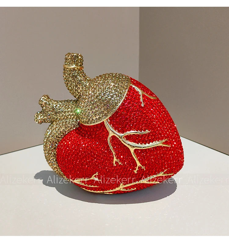 Pochette de soirée cœur en strass et diamants pour femme, sac de mariage et fête, élégant et luxe.