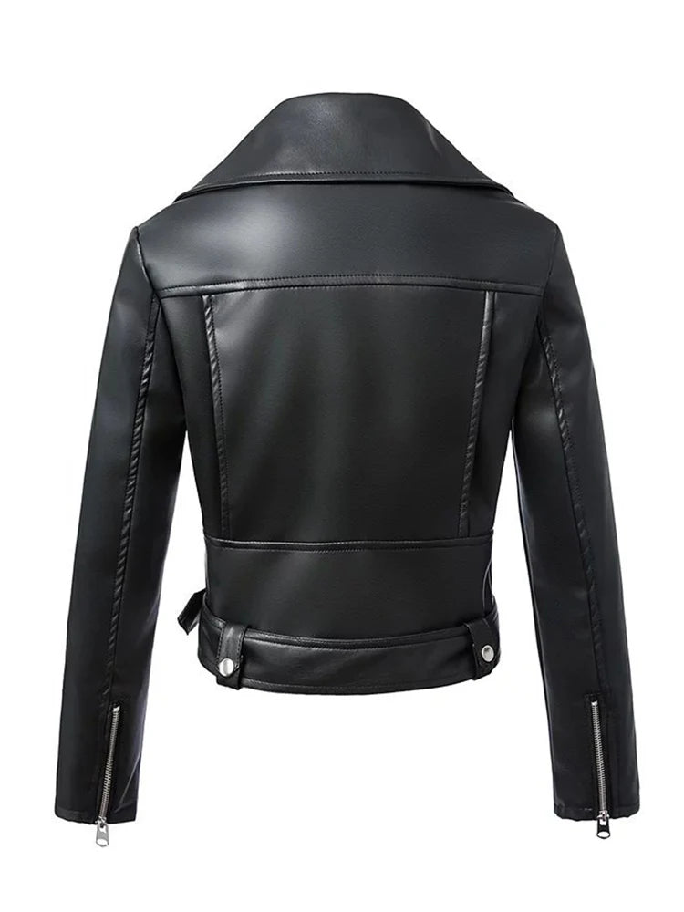 Blouson Cuir Synthétique Femme Noir Hiver - Veste Biker Ceinture