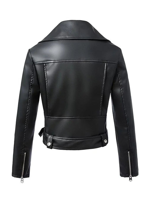 Blouson Cuir Synthétique Femme Noir Hiver - Veste Biker Ceinture