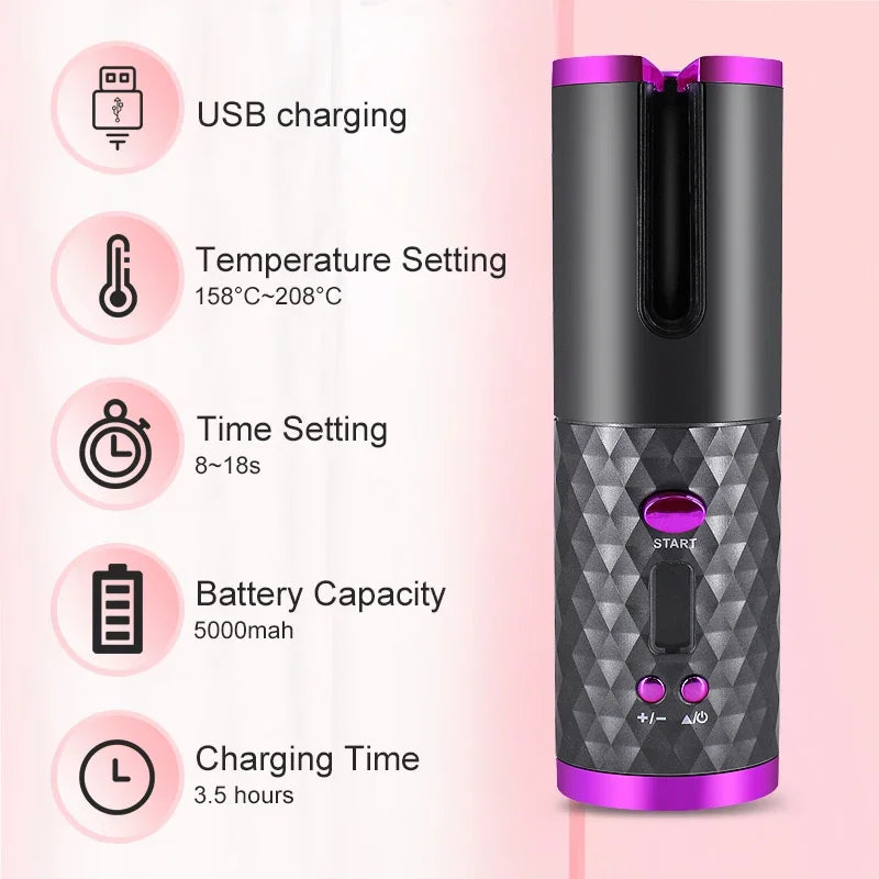 Boucleur automatique sans fil pour cheveux, rechargeable par USB, avec boucleurs pour des boucles parfaites et faciles à réaliser.