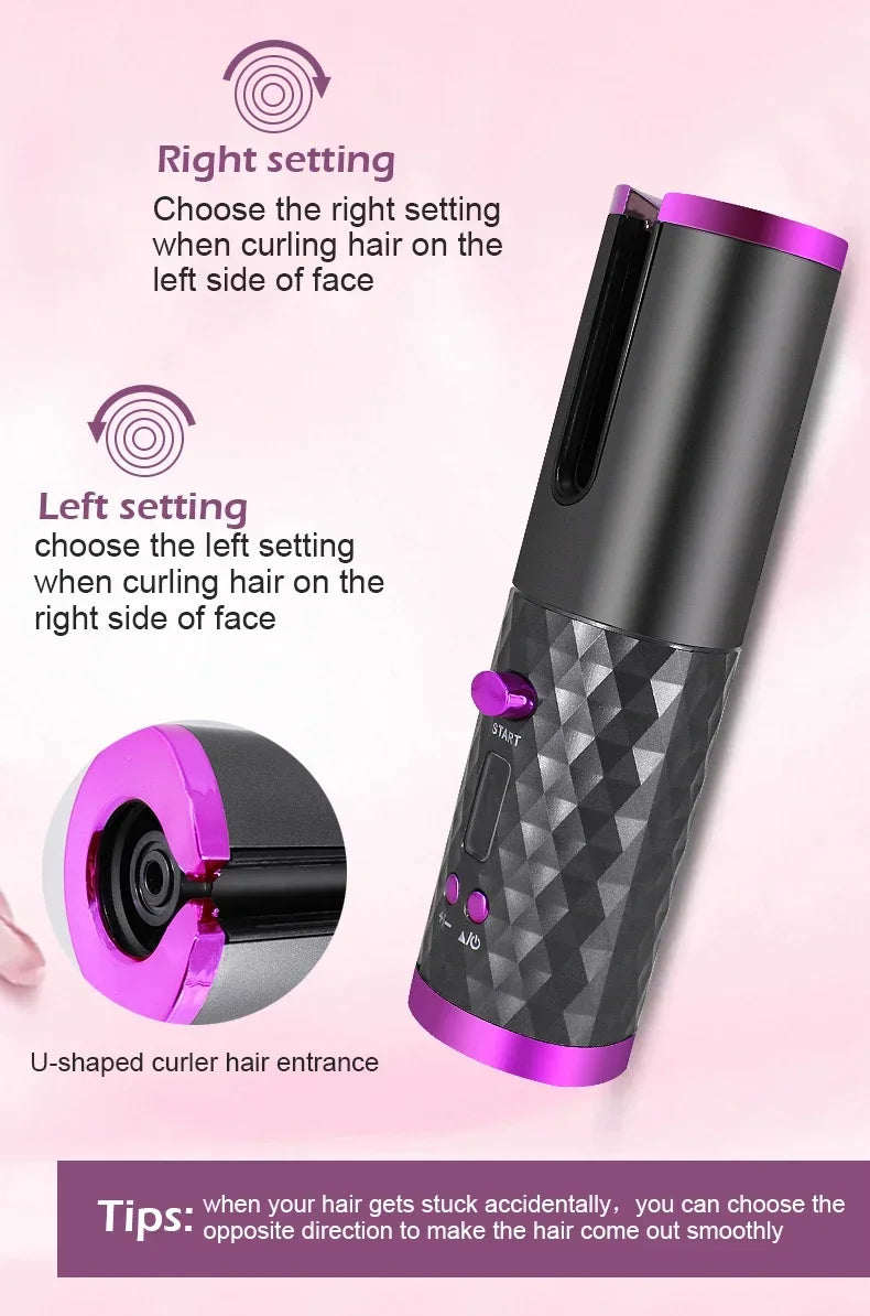 Boucleur automatique sans fil pour cheveux, rechargeable par USB, crée des boucles parfaites facilement et sans effort.