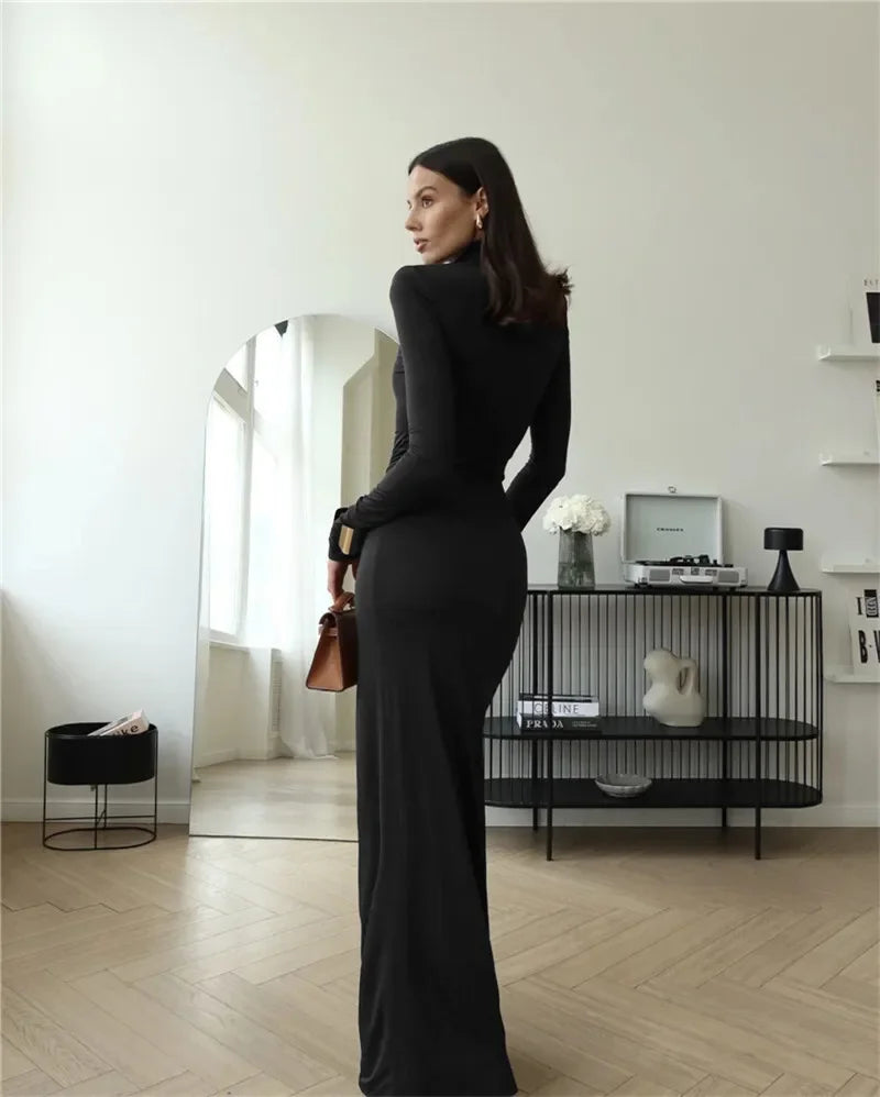 Robe maxi femme badassmood.com, col roulé, fendue cuisse, manches longues, drapée, style bandage bodycon élégante.