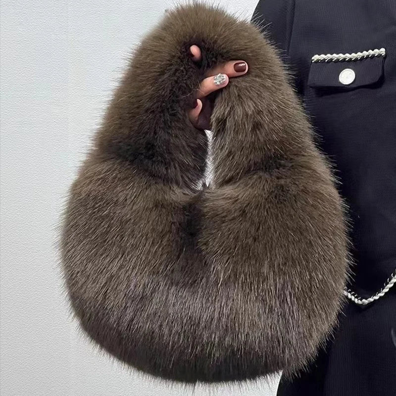 Fashion Soft Plush Half Moon Bags for Women Designer Fluffy Faux Fur Lady Handbags Luxury Small Tote Female Winter Purses - badassmood