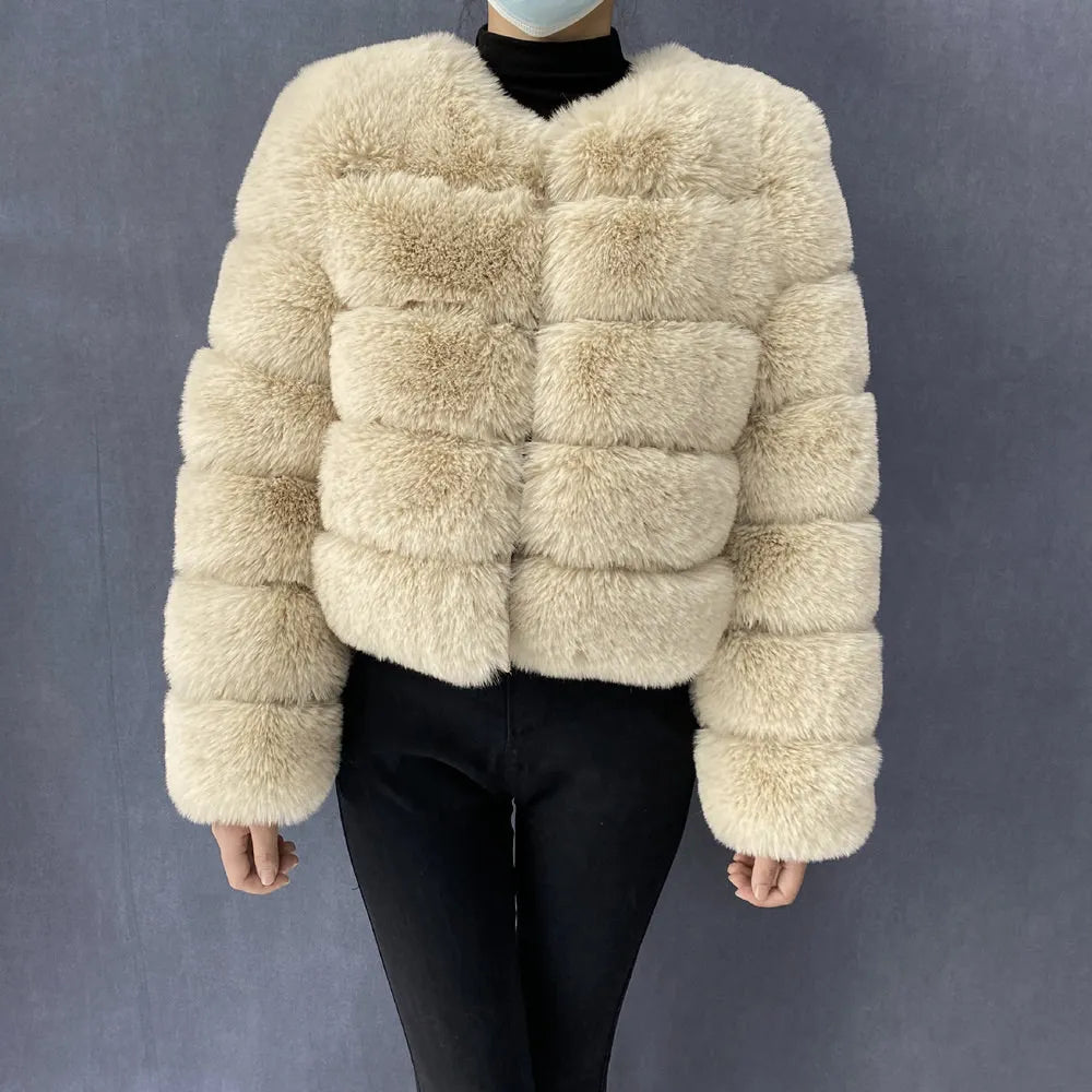 Veste Fourrure Renard Synthétique Beige Femme - Blouson Court Manches 3/4 - badassmood