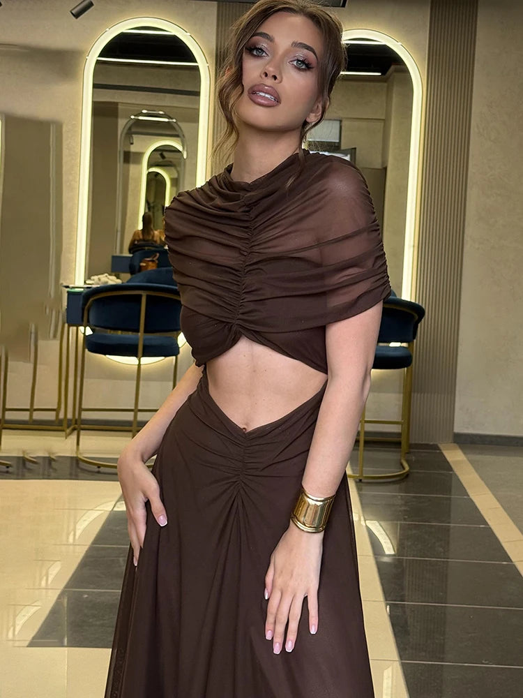Robe maxi sexy à ajourée, col rond, manches courtes, taille haute, style bodycon, robe de soirée élégante de badassmood.com