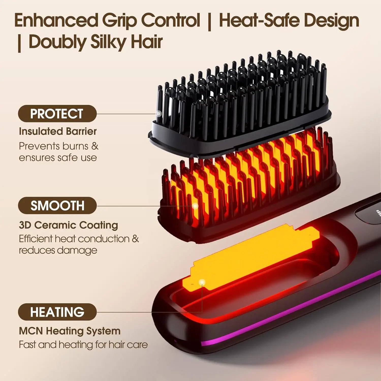 Brosse lissante sans fil rechargeable USB avec écran LCD, mini lisseur portable pour voyage, noir, design compact et pratique.
