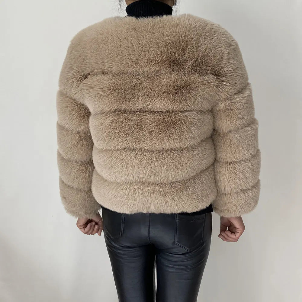 Veste Fourrure Renard Synthétique Beige Femme - Blouson Court Manches 3/4 - badassmood