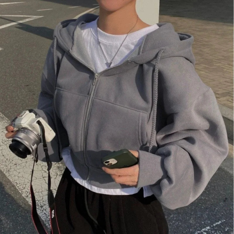 2026 Spring Autumn New Insfleece-lined Versatile Cropped Slims Smooths Silhouette Zip-up Warm Navy Blue Hooded Sweatshirt Women - badassmood