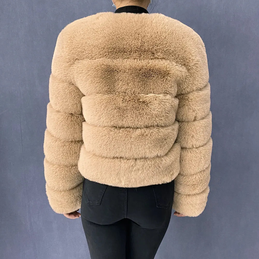 Veste Fourrure Renard Synthétique Beige Femme - Blouson Court Manches 3/4 - badassmood