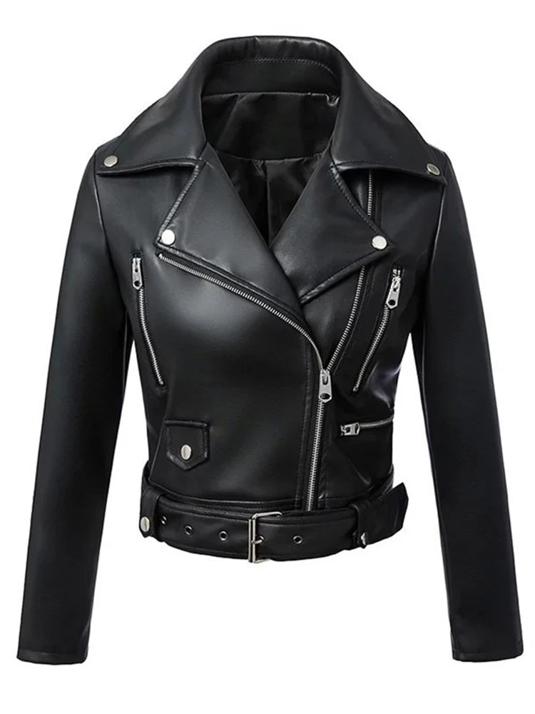 Blouson Cuir Synthétique Femme Noir Hiver - Veste Biker Ceinture