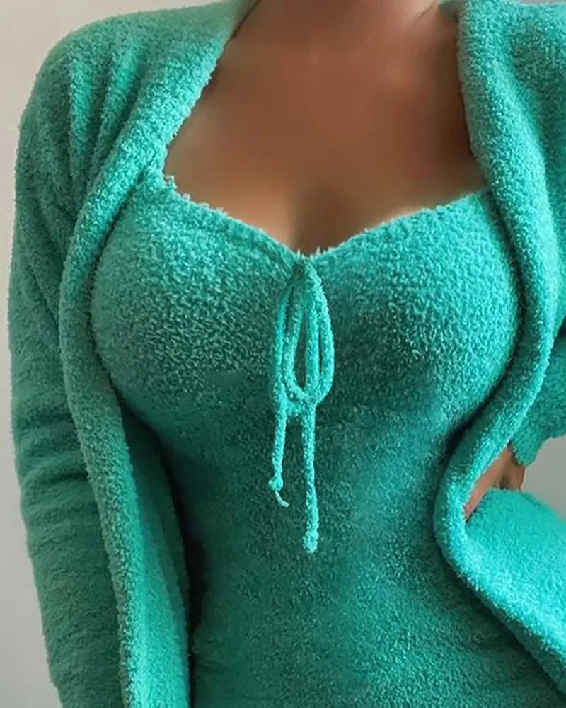 Pyjama Luxe Femme 3 Pièces Peluche 2025 - Crop Top + Pantalon + Manteau Homewear Chaud - badassmood