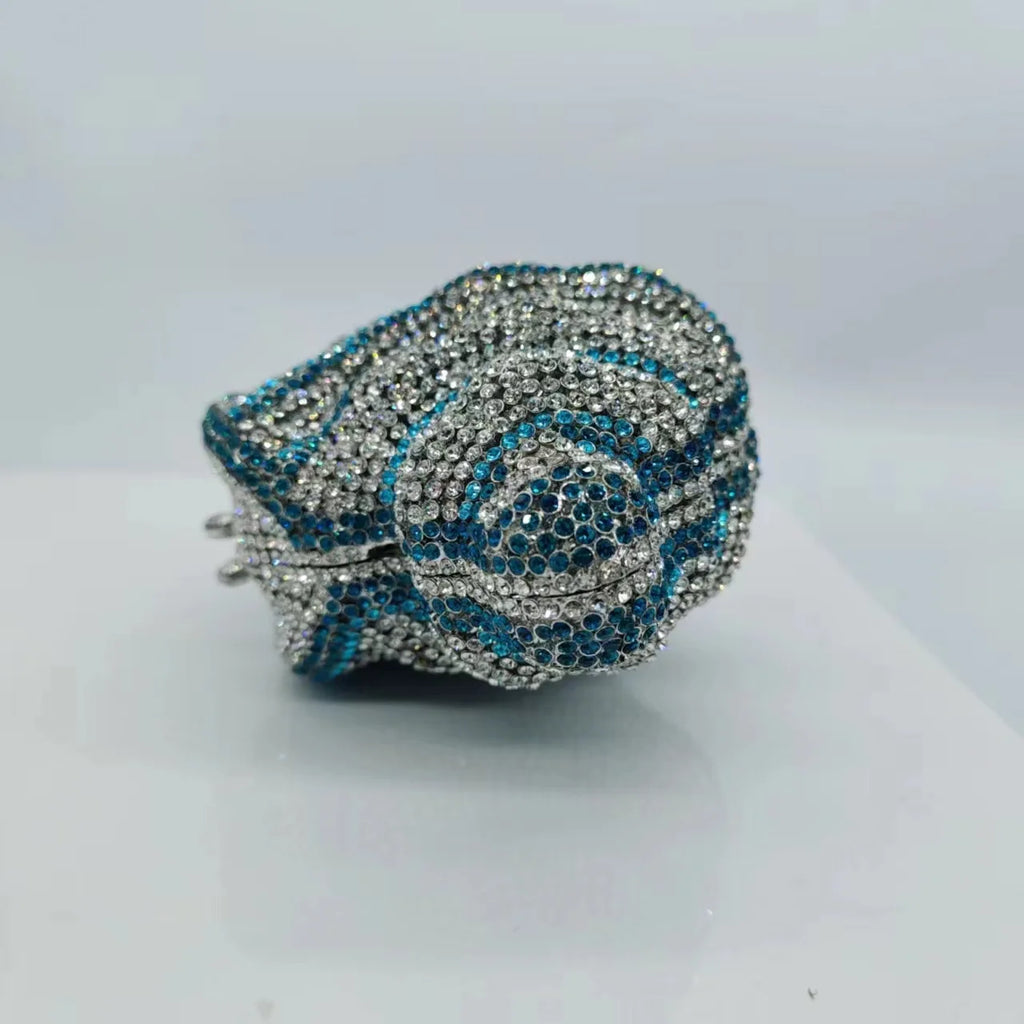 Pochette soirée en coquillage et cristaux, sac de mariage strass luxe pour femme, élégance et style sophistiqué.