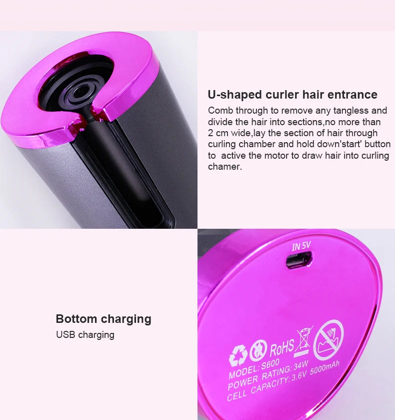 Boucleur automatique sans fil pour cheveux, rechargeable par USB, facile à utiliser pour des boucles parfaites.