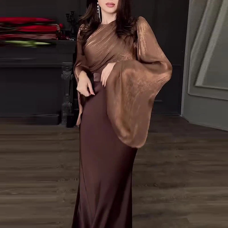 Robe Longue Satin Vintage Femme - Robe Taille Haute Col Rond Banquet Élégante - badassmood