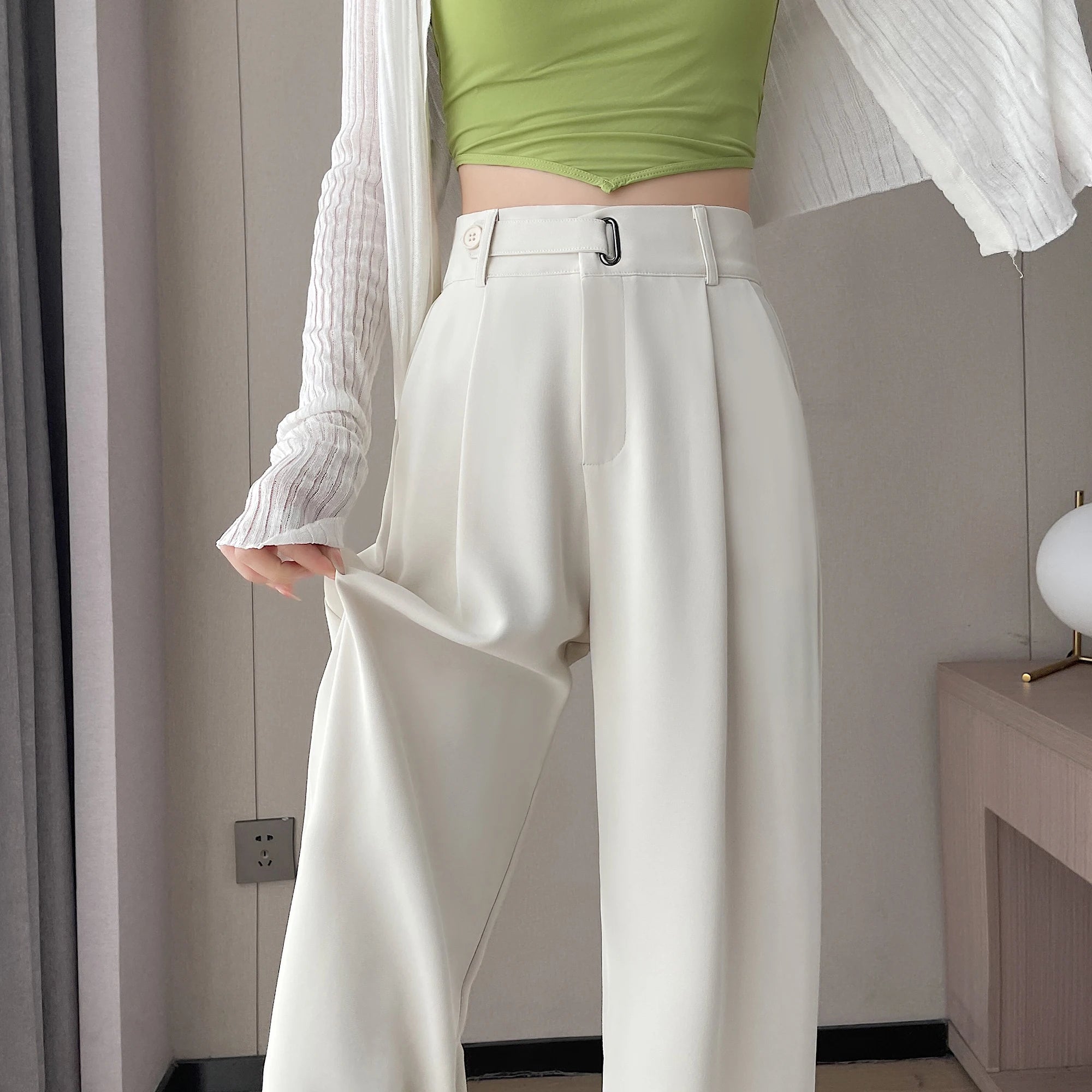 Pantalon large taille haute pour femme, style casual et élégant, couleur unie, idéal pour le bureau en 2024.