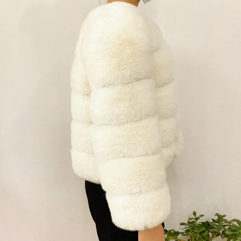 Veste Fourrure Renard Synthétique Beige Femme - Blouson Court Manches 3/4 - badassmood