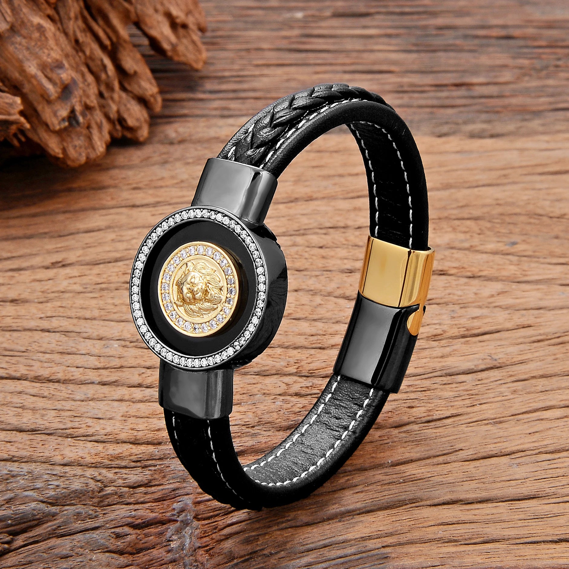 Bracelet Cuir Lion Luxe - Agate Naturelle Zirconium Unisexe Hip-Hop - badassmood