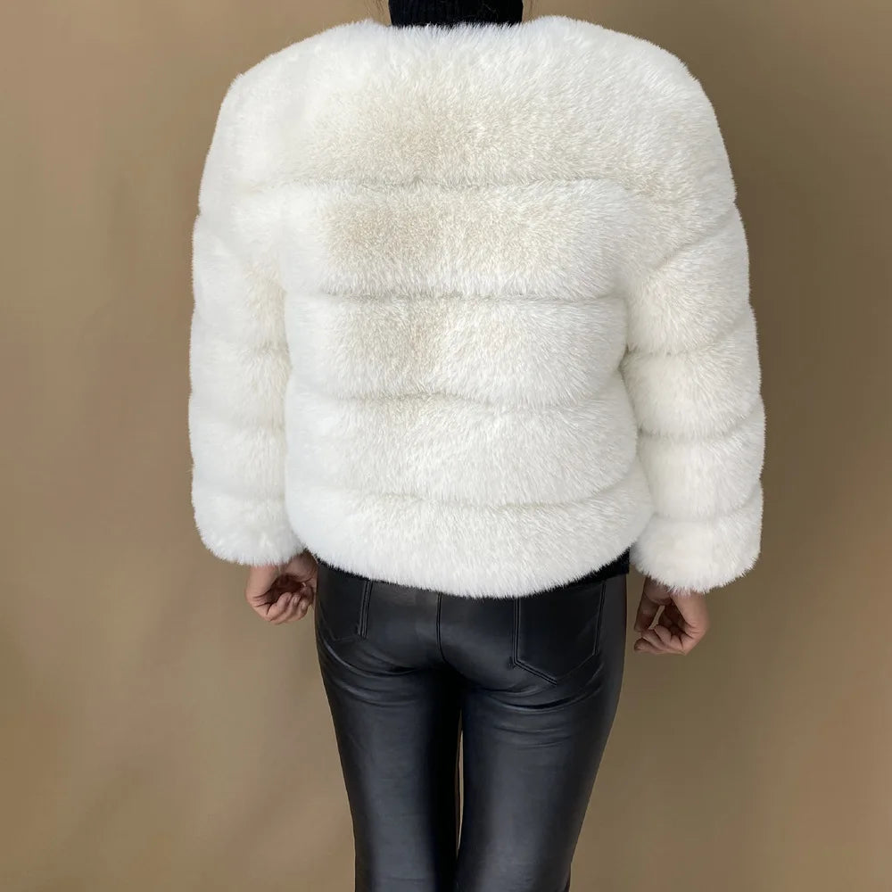 Veste Fourrure Renard Synthétique Beige Femme - Blouson Court Manches 3/4 - badassmood