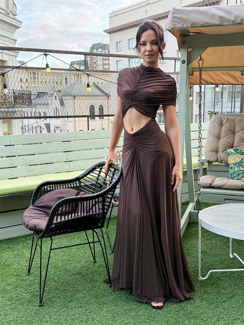 Robe maxi sexy à ajourée, col rond, manches courtes, taille haute, style bodycon, marque Badassmood.com.