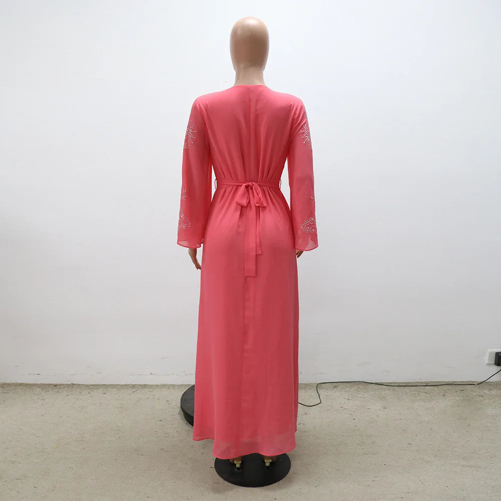 Abaya Musulmane Femme Été - Robe Longue Col V Manches Longues Élégante - badassmood