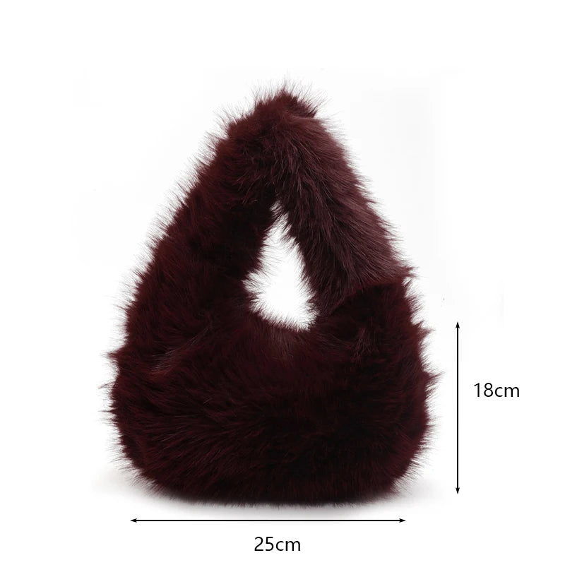 Fashion Soft Plush Half Moon Bags for Women Designer Fluffy Faux Fur Lady Handbags Luxury Small Tote Female Winter Purses - badassmood
